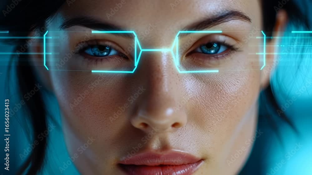 Aufkleber woman with closed eyes appears to connect with digital interfaces in dark futuristic environment. hi