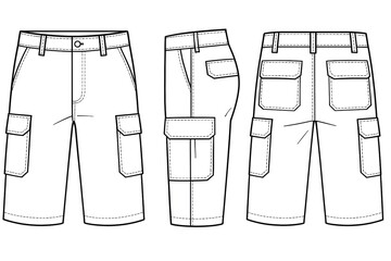 Mens Cargo Shorts Sketch Mockup | Utility Flat Technical Template for Fashion Design and Casual Clothing Branding