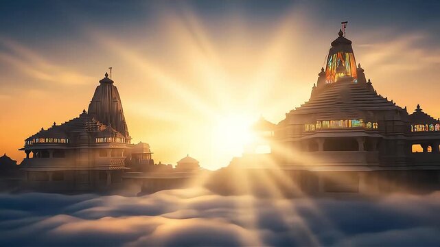 Spectacular dwarka city temple floating above the clouds at sunrise showcasing architectural marvel for travel and spiritual seekers with serene beauty