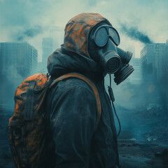 A person in a gas mask and a backpack stands in a desolate city with smoke in the background scenery