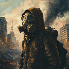 Person in gas mask and hood standing in a destroyed city with smoke and buildings in the background