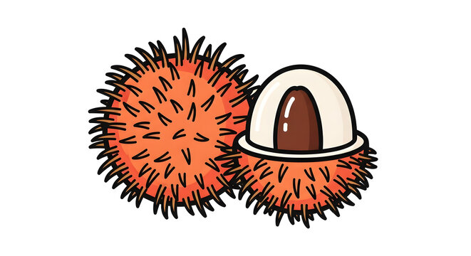 Vibrant cartoon illustration of two tropical rambutans. One fruit is whole with spiky red skin; the other is peeled, revealing sweet white flesh and seed
