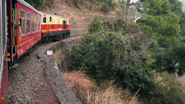 The toy train runs from Kalka to Shimla or Simla, the capital of Himachal Pradesh, north India in the northern Indian Himalayas. It is part of the Indian mountain railways.
