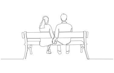 Continuous one line drawing of couple sitting on bench holding hands, symbolizing love, trust, and togetherness, single line art.