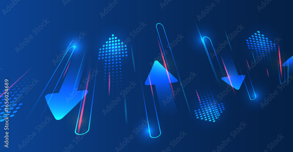 Poster futuristic background with vertical arrows and digital elements symbolizing growth, development and 