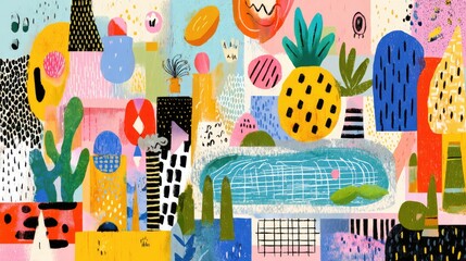 Vibrant abstract collage of geometric shapes and tropical motifs