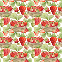 Strawberry in weaved basket with leaves, full and cut in half ripe picked garden berry harvest. Isolated seamless pattern hand drawn in watercolor. Dessert menu cookbook, farmers market, eco gardening