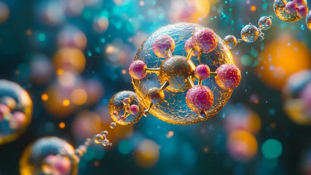 Dive into a mesmerizing journey through the micro cosmos where colorful atoms and particles dance among glowing luminous lights, revealing the beauty of science and natures smallest elements.