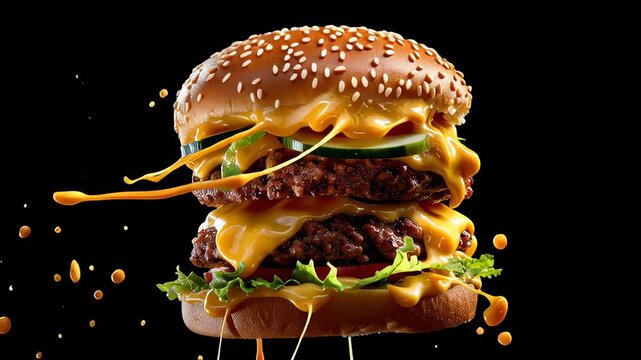 Juicy double cheeseburger topped with melted cheese sauce drips from fresh ingredients. Set against dark background, showcasing vibrant colors. Concept of fast food, burger joints, food delivery