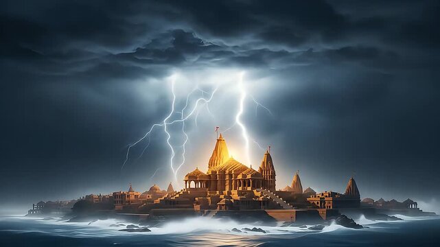 Dwarka City: Epic Thunderstorm with Powerful Lightning Strikes Over a Mythical Ancient Island Temple.