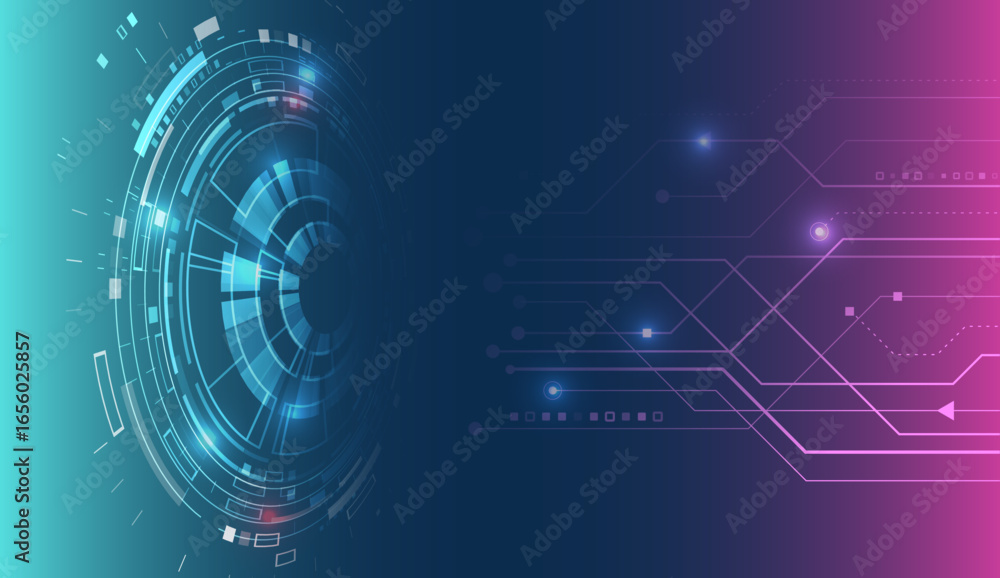 Poster a futuristic circle with glowing elements, binary code and data flows. ideal for themes of cyber tec