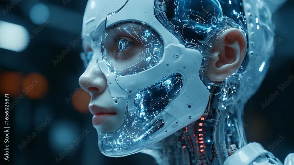 Poster a mesmerizing robotic figure stands in a sleek, high tech urban setting, showcasing luminescent comp