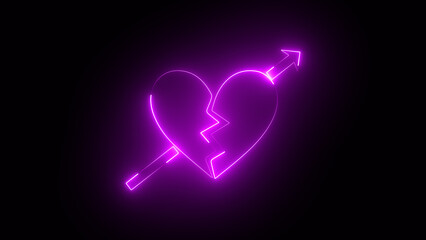 Neon broken heart and arrow, heart with arrow. Broken heart animation.