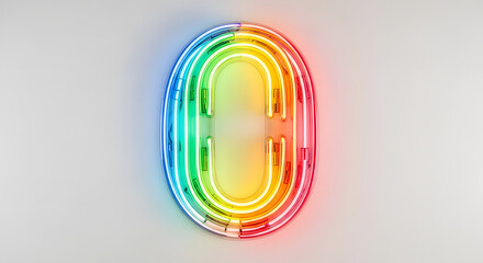 Vibrant Glowing Neon Number Zero Sign in Brilliant Rainbow Colors, a Modern Illuminated Graphic Design Element for Digital and Creative Projects