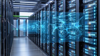 Digital Fortress: A modern server room showcases an intricate network of data streams, evoking the essence of cutting-edge technology and the digital age. 