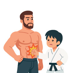Vector illustration of a karate boy punching a muscular man in the stomach. Perfect for martial arts, sports training, self-defense, and fitness concepts.