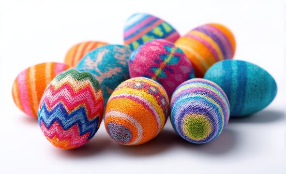 Colorful hand-painted Easter eggs in various patterns, clustered together against a white background