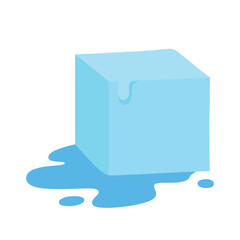 Vector illustration of a melting ice cube with water puddle. Simple flat design for freshness, cold, drink, and summer concepts.
