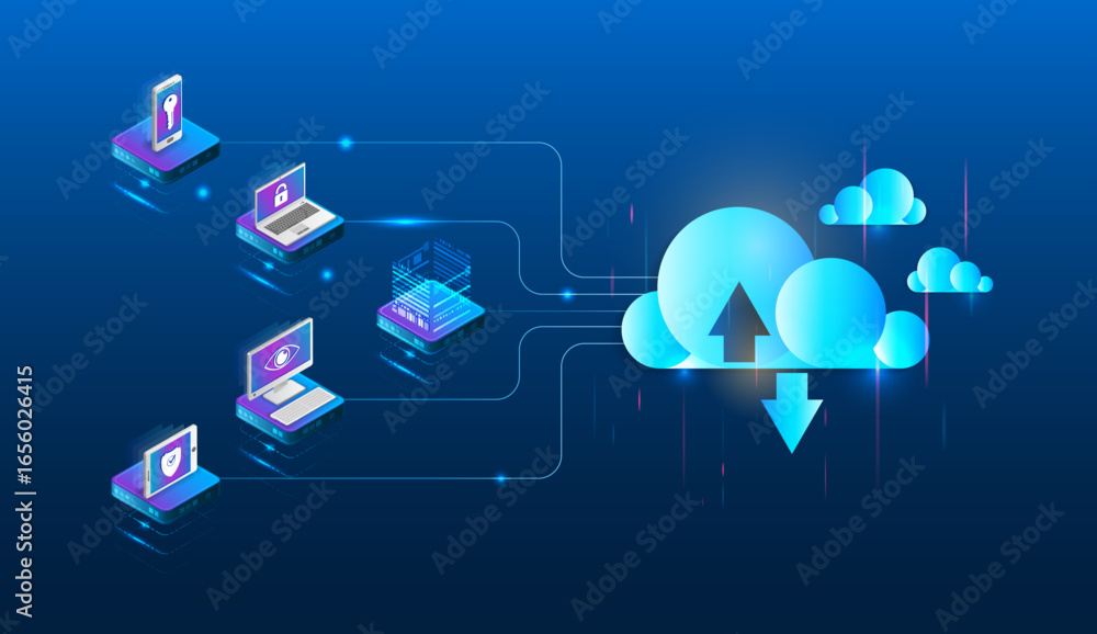 Aufkleber isometric illustration of cloud computing with laptops, smartphones and servers connected to cloud s
