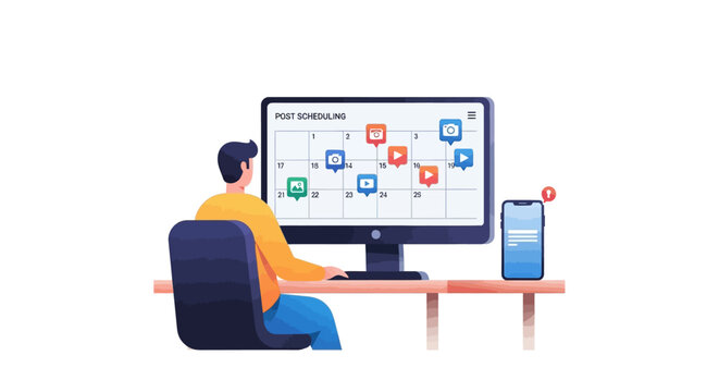 Flat vector illustration of a man at a desk scheduling social media content on a computer calendar.