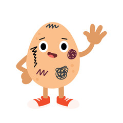 Funny egg character vector illustration with doodle scratches, cute cartoon egg wearing red sneakers and waving hand, perfect for Easter, kids design and mascot concepts.