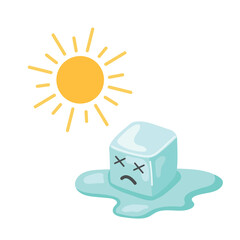 Sad melting ice cube under hot sun vector illustration, funny summer cartoon concept for climate change, heatwave and environment design.