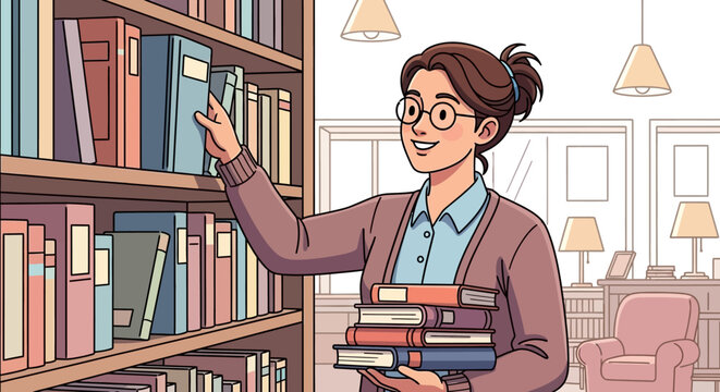 Happy young woman with glasses in a cardigan, holding books and reaching for one on a bookshelf.