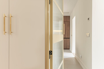 High-end white closet doors with stainless steel details and ultra-clear translucent glass