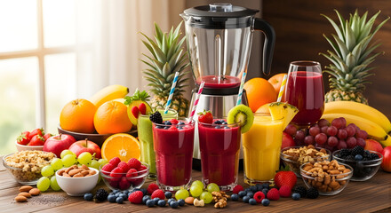 Vibrant selection of nutritious fruits transformed into colorful smoothies and juices, accompanied by a modern blender, showcasing a healthy lifestyle and the joy of homemade beverages