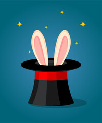 Magic hat with bunny ears. Illusion, focus, trick