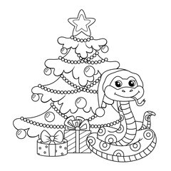 Cute cartoon snake in Santa Claus hat sitting near new year tree and Christmas gifts. Black and white vector illustration for coloring book