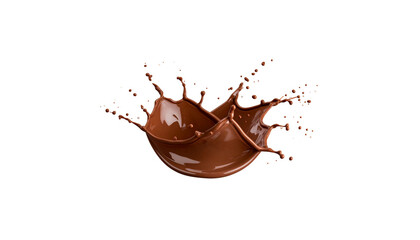 Brown cocoa liquid splashed into sweet milk chocolate drops on white background