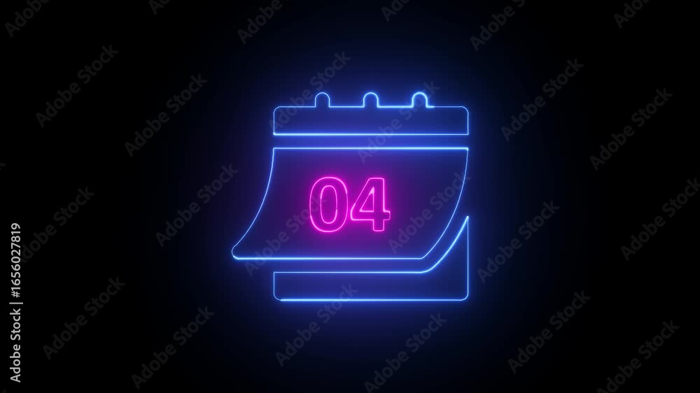 Poster glowing neon blue and pink color daily calendar date icon isolated animation , daily date 04 days te