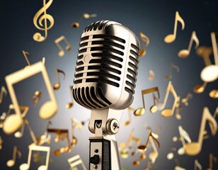 Vintage Mic with Music Notes, and Studio.