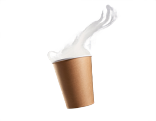Paper coffee cup with splash and steam on transparent background