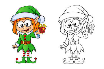 Christmas elf with gift. Merry Christmas and Happy New Year. Black and white illustration for coloring book with example in color