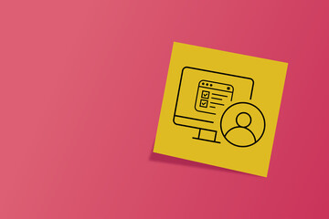 a yellow square card with a black minimalist icon of a smartphone displaying a user profile symbol. It represents mobile accounts, digital identity, or user login. user. log in. sing in. account. icon