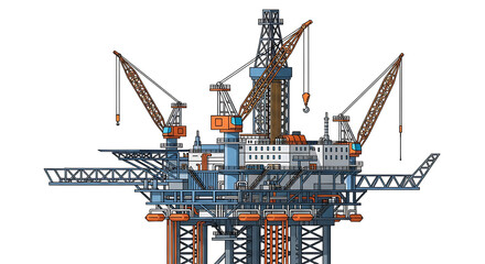 Detailed illustration of an offshore oil rig platform used for drilling and petroleum extraction, isolated on a white background.