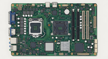 Detailed perspective of a modern computer motherboard, the essential electronic foundation for advanced digital systems, showcasing intricate circuits and diverse connectivity
