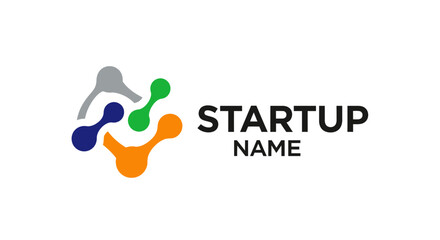 Obraz premium Modern startup logo with an abstract icon of colorful interconnected molecular shapes.