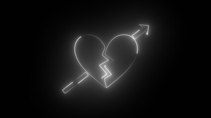 Neon broken heart and arrow, heart with arrow. Broken heart animation.