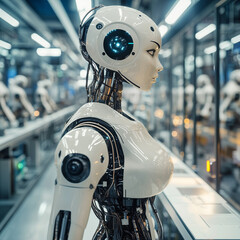 Side view of a humanoid robot with white plating and visible wiring in a futuristic factory setting