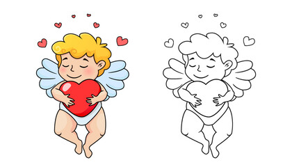 Cute dreaming Cupid with heart is flying. Vector illustration for Valentine's day. Black and white illustration for coloring book with example in color