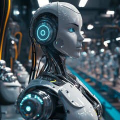A futuristic robot with glowing blue eyes and headphones standing in a factory environment setting