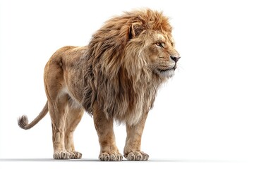 Obraz premium Lion, standing alert, golden-brown fur, thick mane, side profile