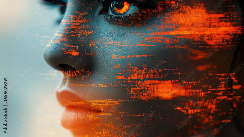 Poster a mesmerizing portrayal showcases a close up of a womans face enveloped in warm, fiery colors, symbo
