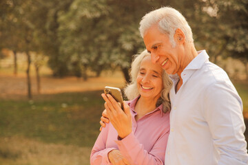 Couple Enjoying Time Together While Checking Phone In Park