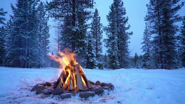 Bonfire in snowy forest at twilight