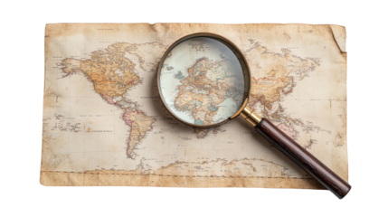 A magnifying glass over an antique world map, highlighting geographical details and vintage aesthetics.