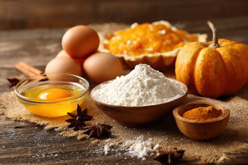 Ingredients for baking autumn pie laid out on a wooden rustic table. Pumpkin, eggs and flour. Thanksgiving and autumn holiday celebration concept.